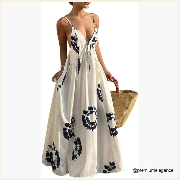Dresses & Skirts - Boho Floral Backless Maxi Dress Tie Front Deep V Neck Sleeveless A Line